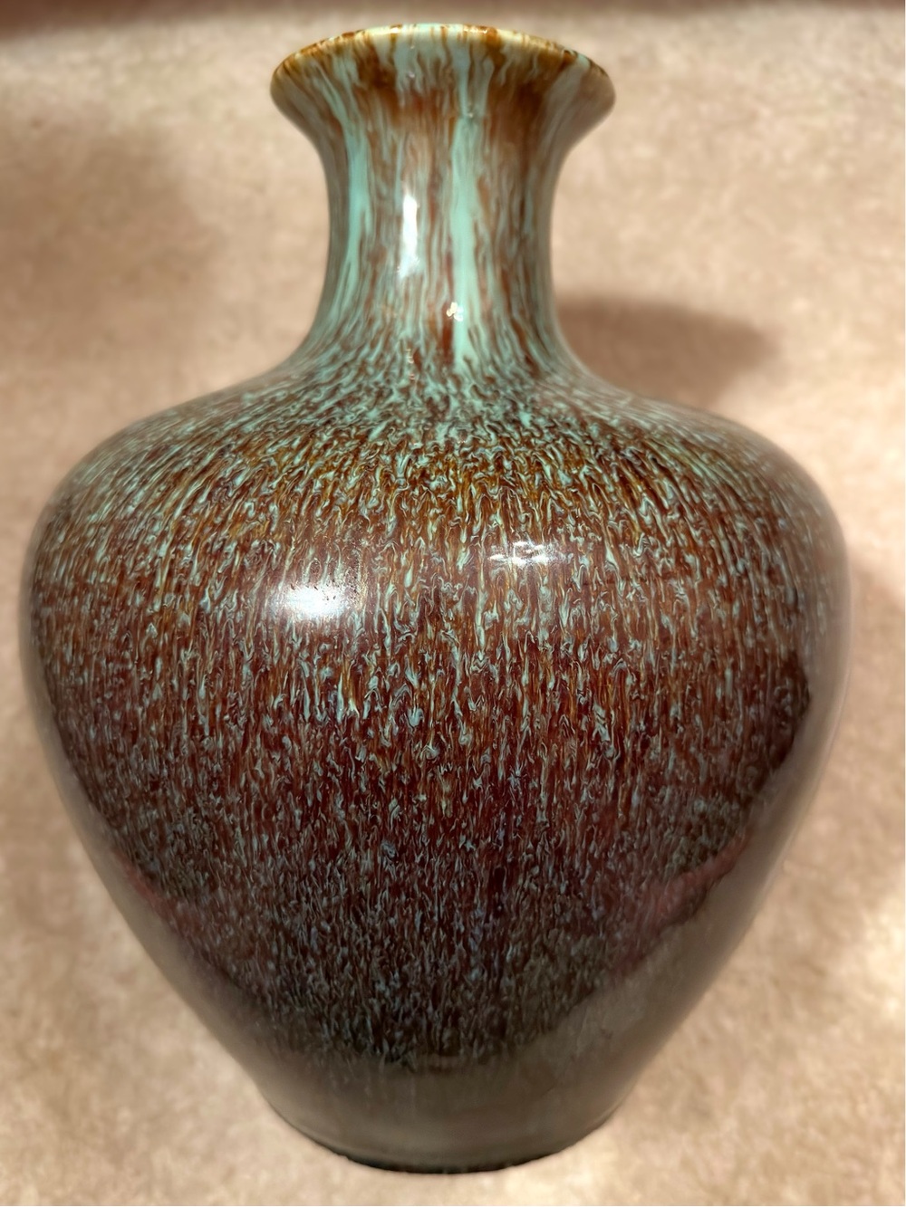 Large Vintage Artisan Pottery Vase MCM Turquoise & Bronze Drip Glaze Stoneware - Picture 2 of 4